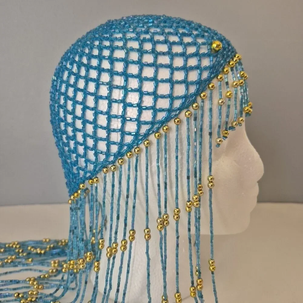 Egyptian Cleopatra Flapper Turquoise Gold Beaded Crochet Head Cap Costume Piece
